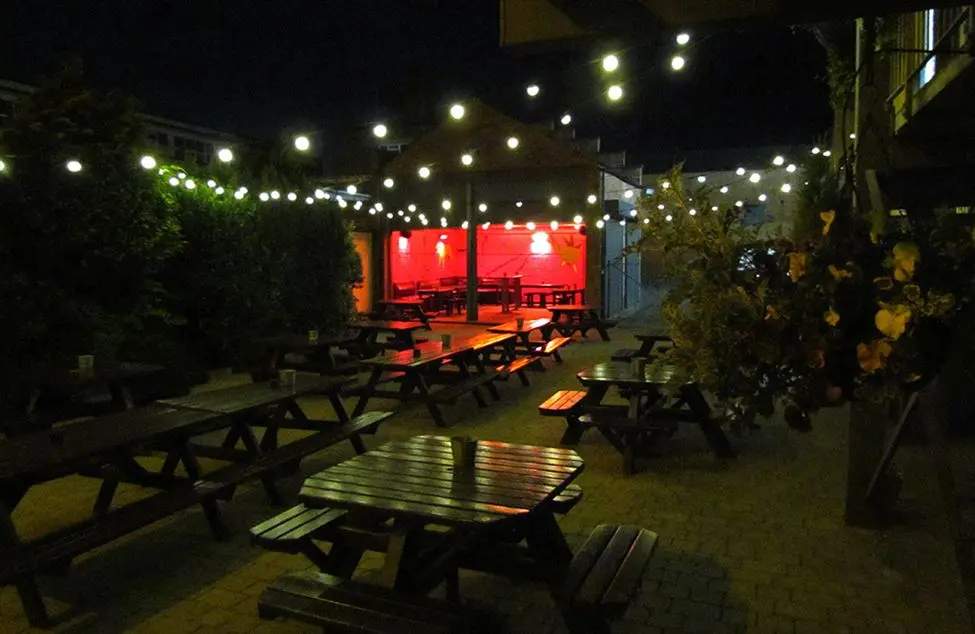 The Charles Bradlaugh garden with festoon lights