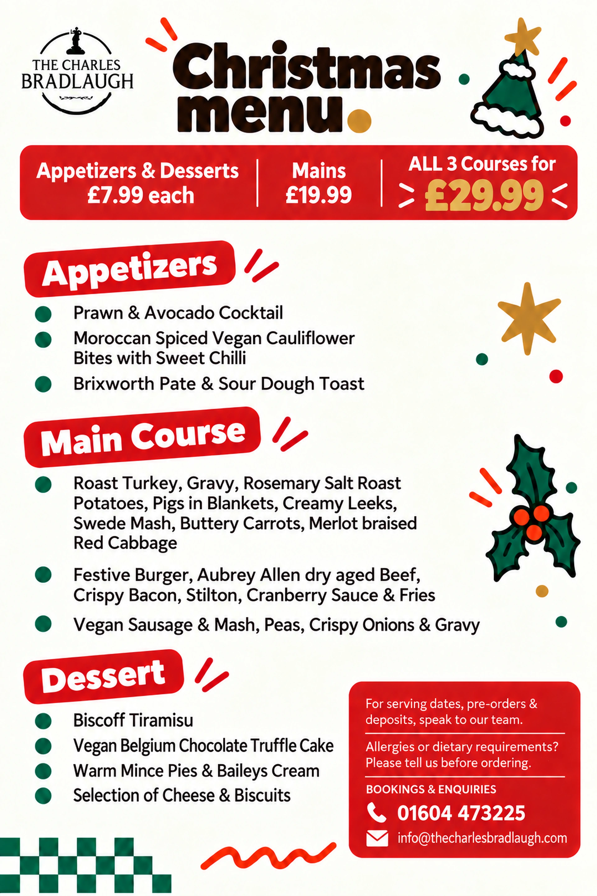 The Charles Bradlaugh Christmas menu artwork, showing all courses and prices
