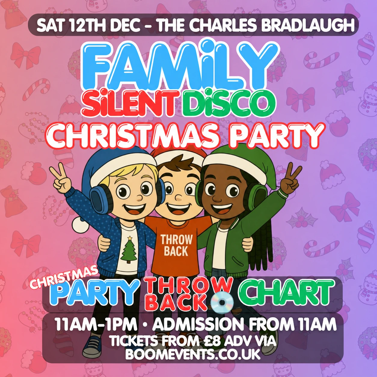 Family Silent Disco Christmas event artwork for The Charles Bradlaugh, 12th December