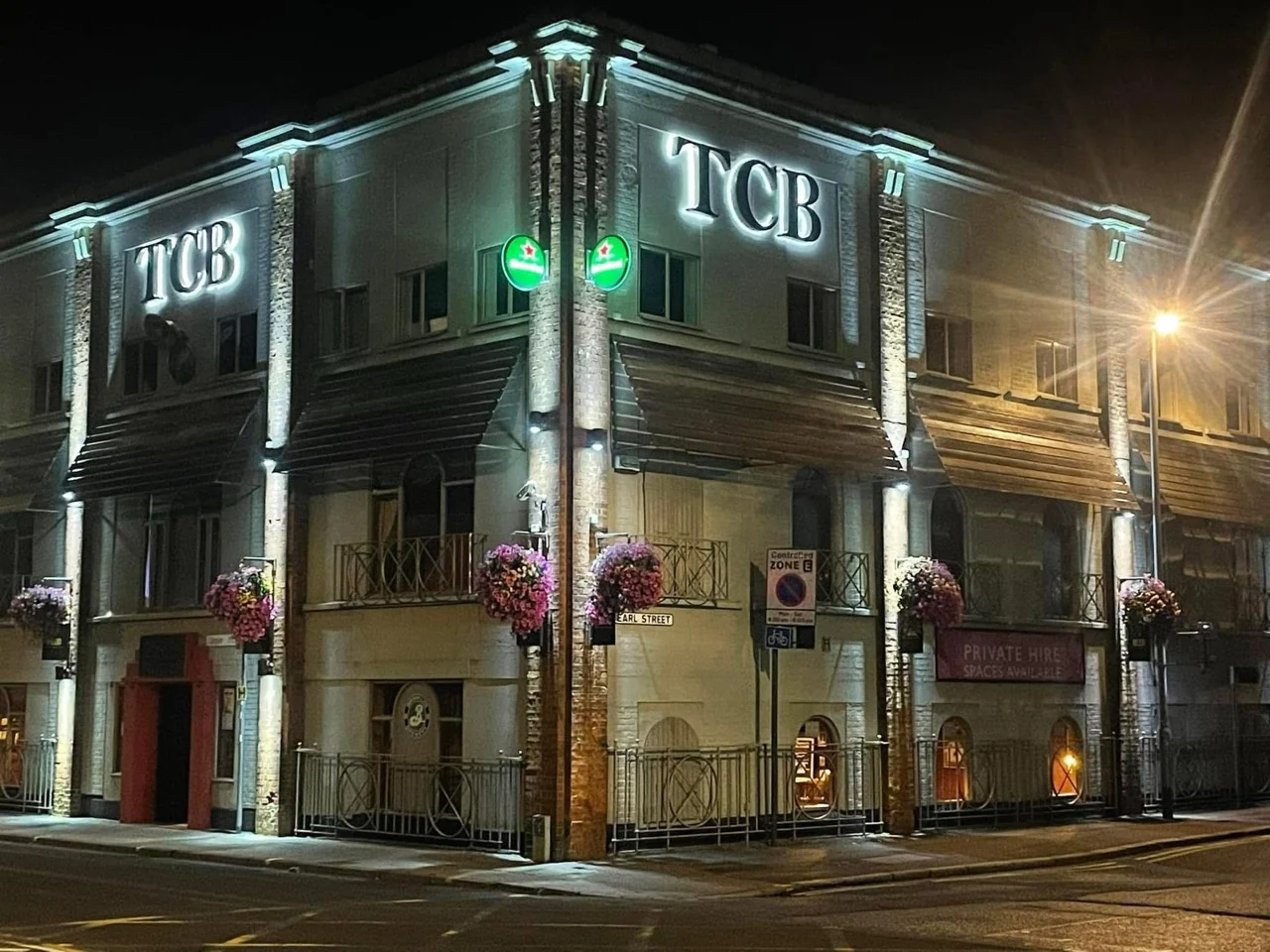 The Charles Bradlaugh exterior illuminated at night
