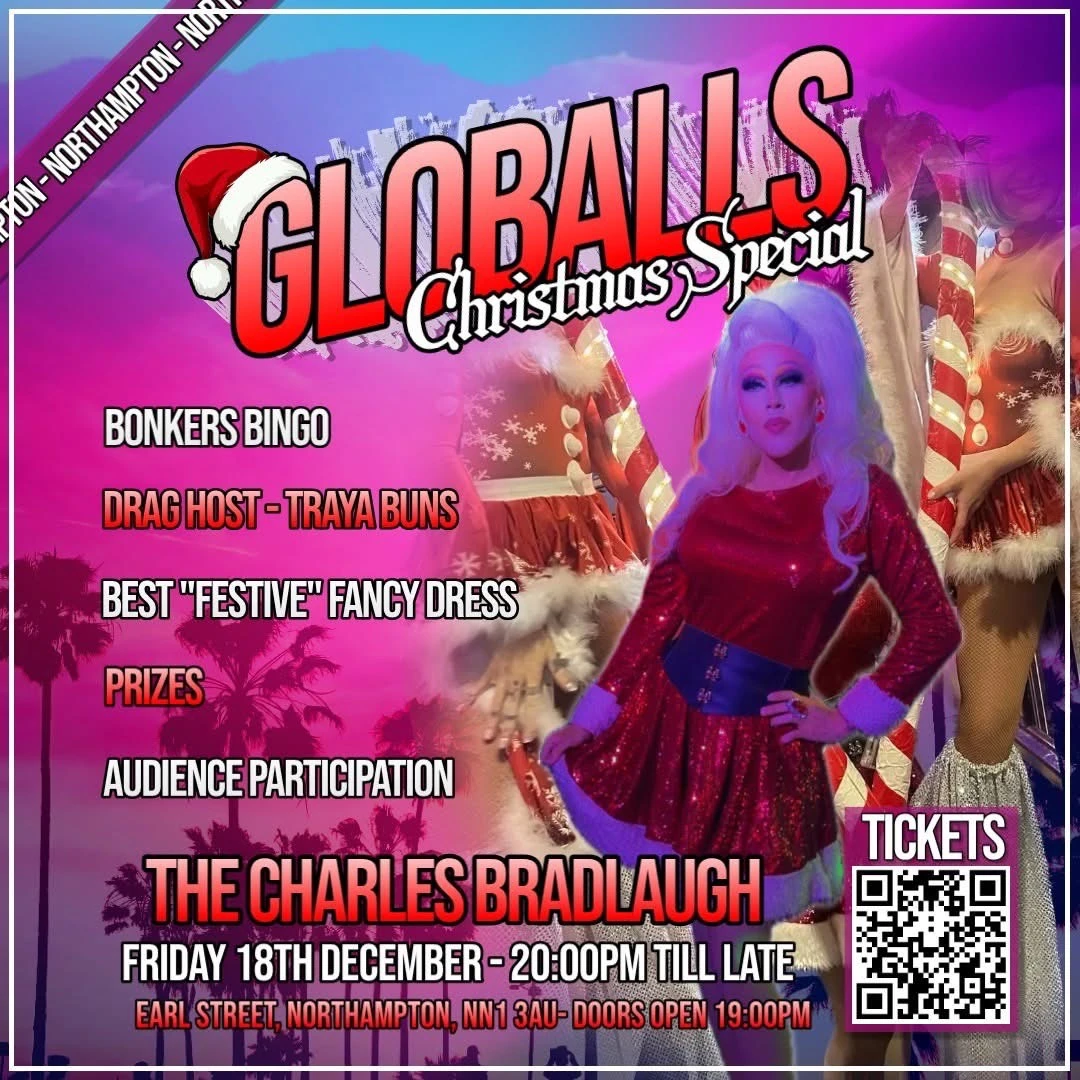 Original Globalls Christmas Special square poster featuring drag host Traya Buns at The Charles Bradlaugh on Friday 18th December