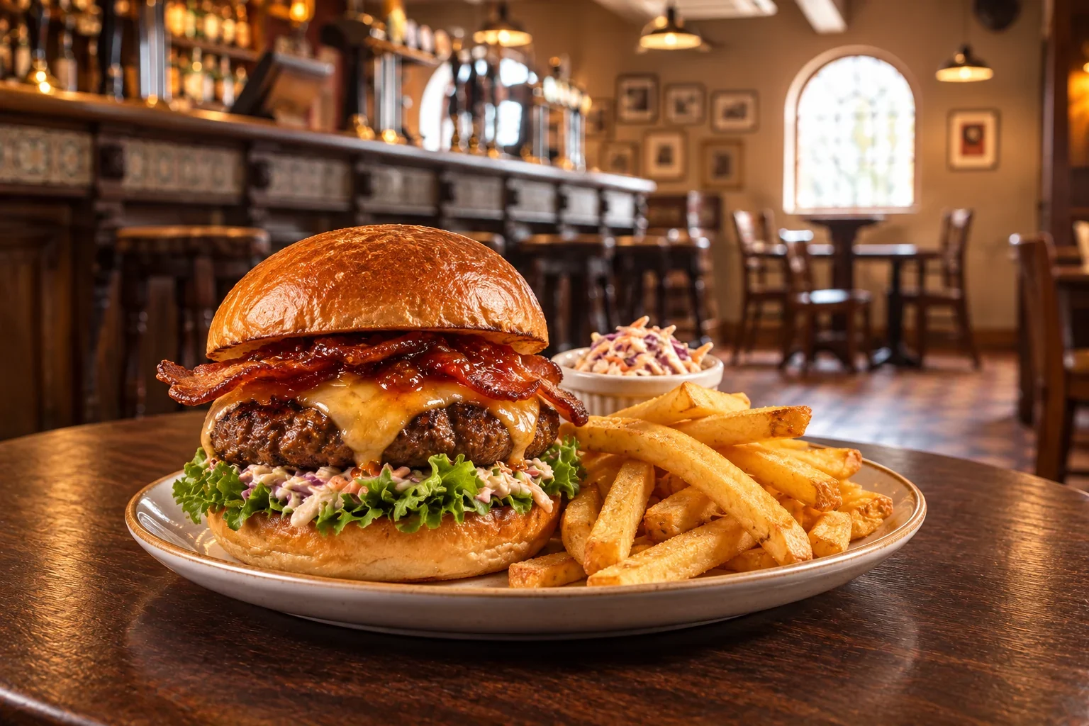 Illustrative burger and fries in a pub setting