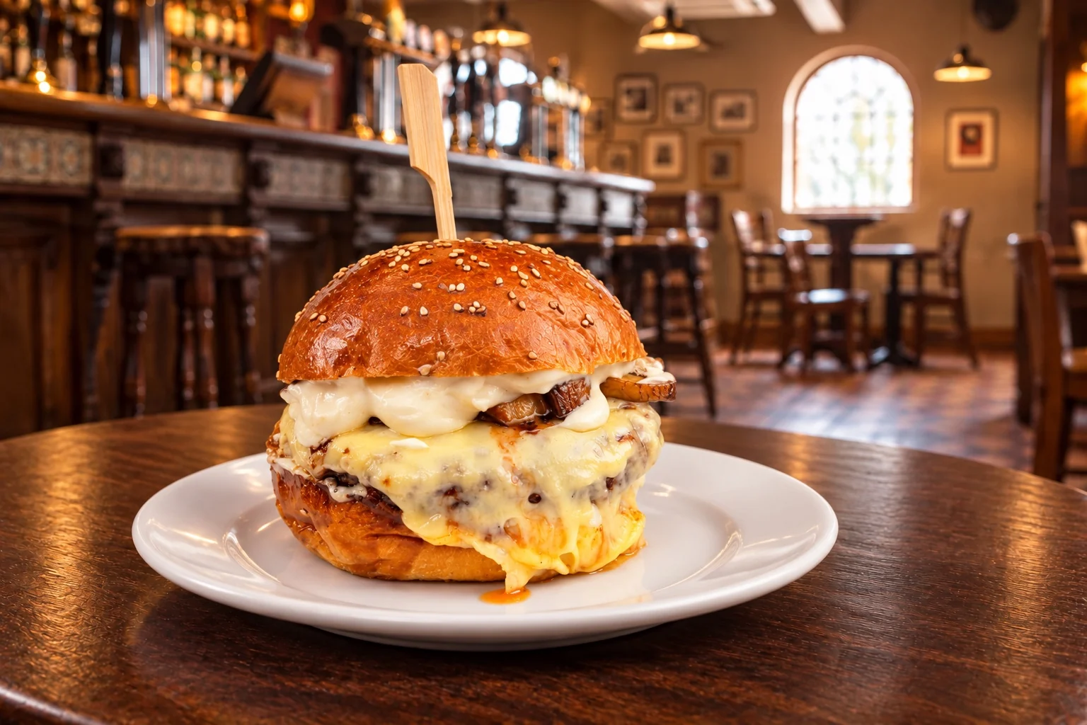 Edited photograph of a sesame-bun burger in a pub interior