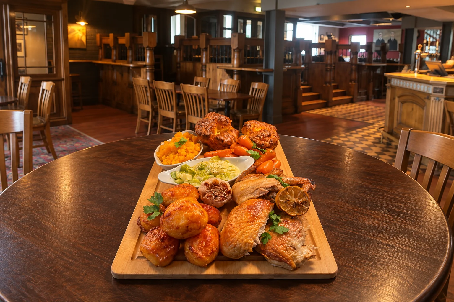 Illustrative Sunday roast sharing board in a pub setting